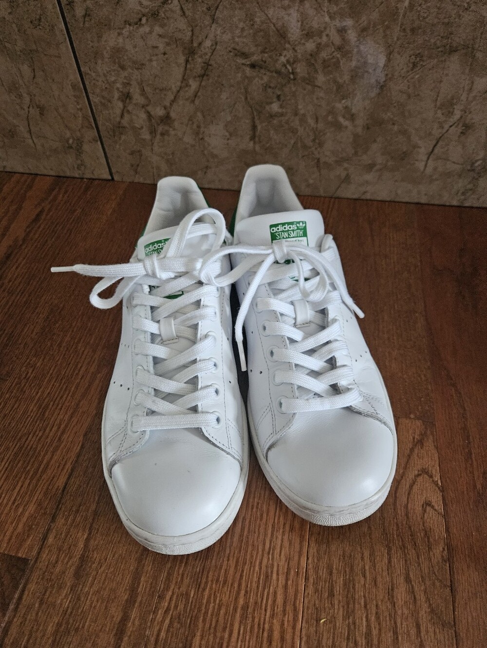 adidas White Leather Sneakers with Green Tongue Logo, Stan Smith